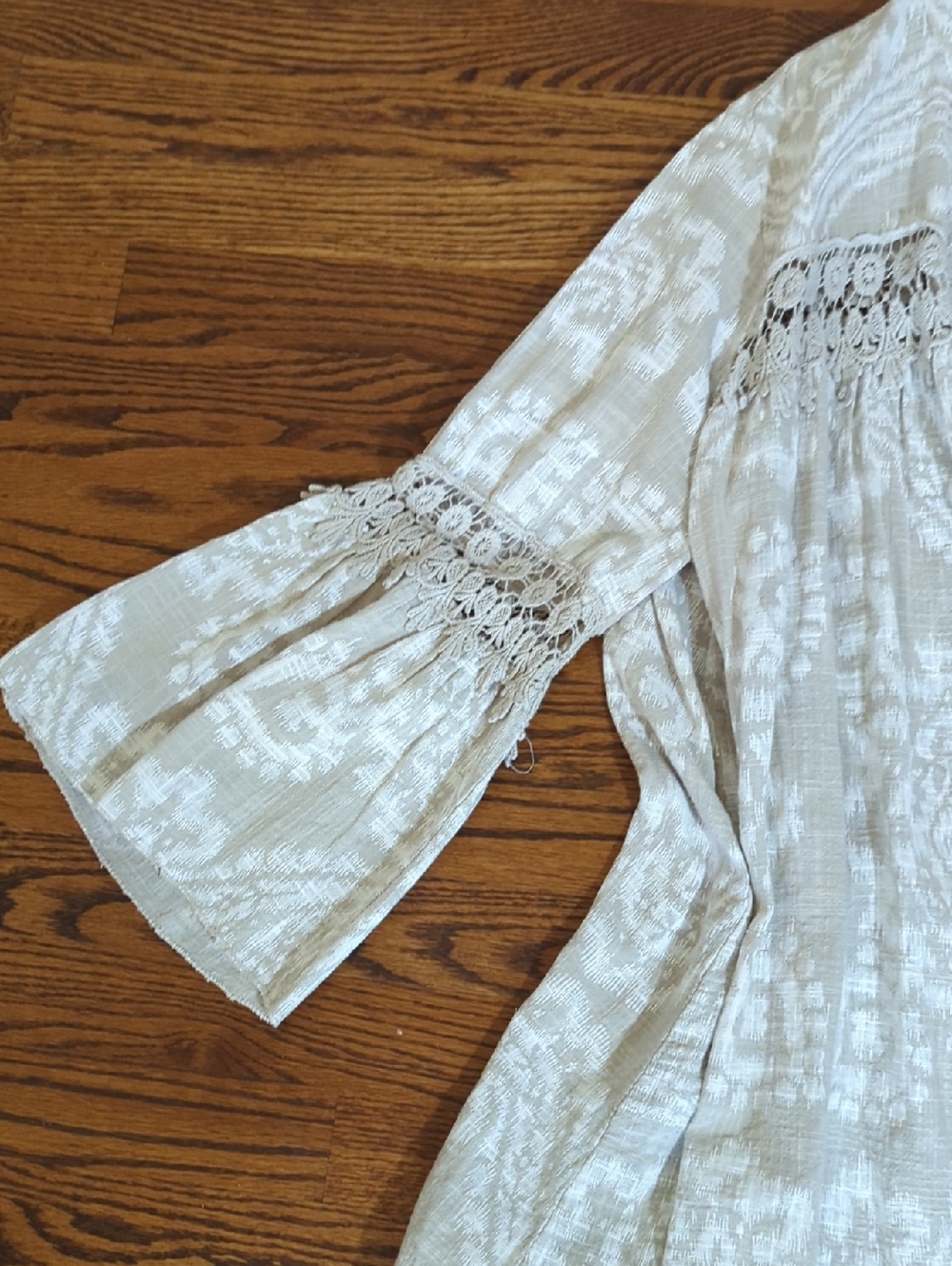 Cotton Bell Sleeves Crochet Inlays Cream Lightweight Flowy Open Duster Boho XL - Picture 9 of 11